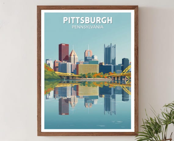 Pittsburgh Pennsylvania Retro Travel Poster Mid Century Modern Wall Art Print Vintage Cityscape Decor Home