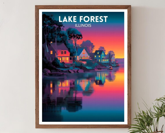 Lake Forest Illinois Neon Sunset Lakeside Homes Travel Poster