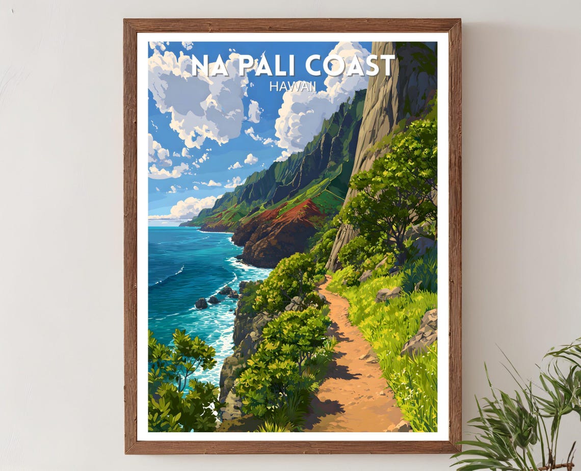 Na Pali Coast Hawaii Cliff Trail Ocean View Vintage Travel Poster