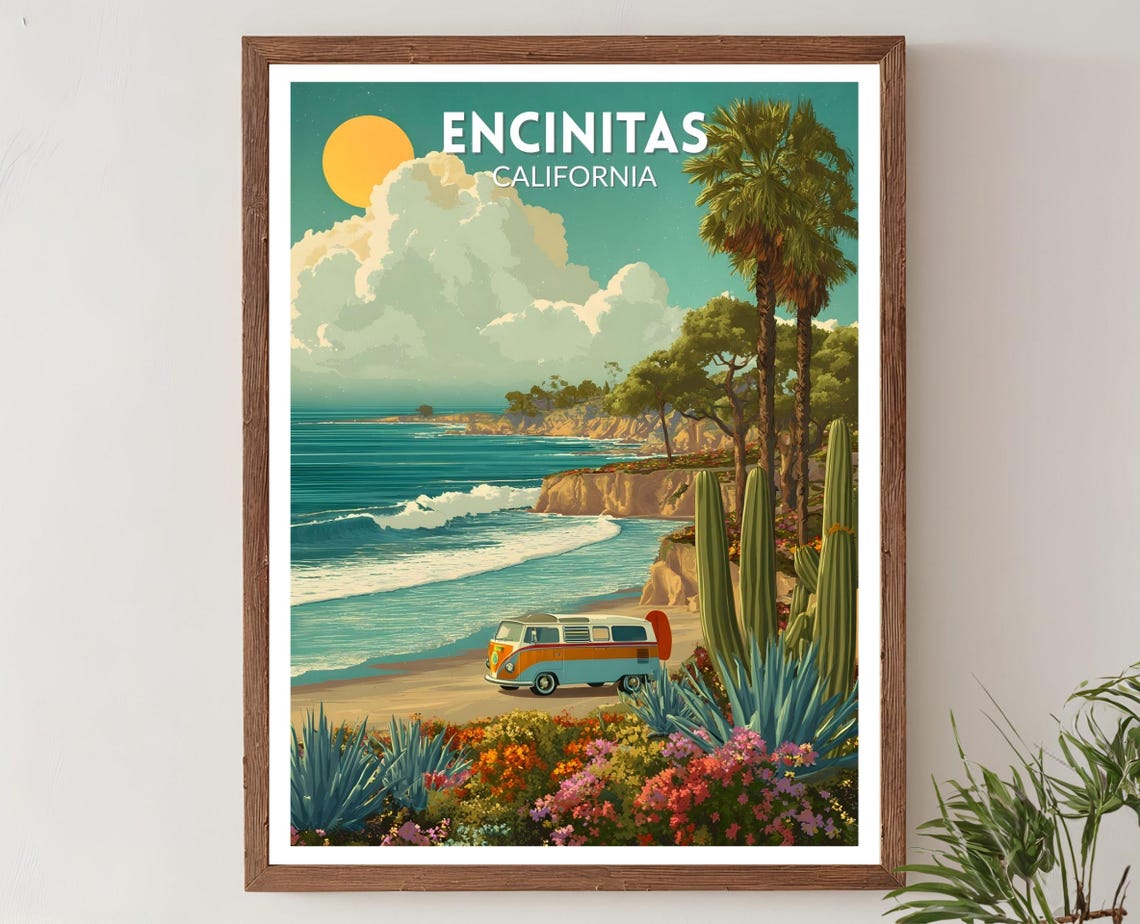 Encinitas California Retro Surf Van Beach Coast Travel Poster