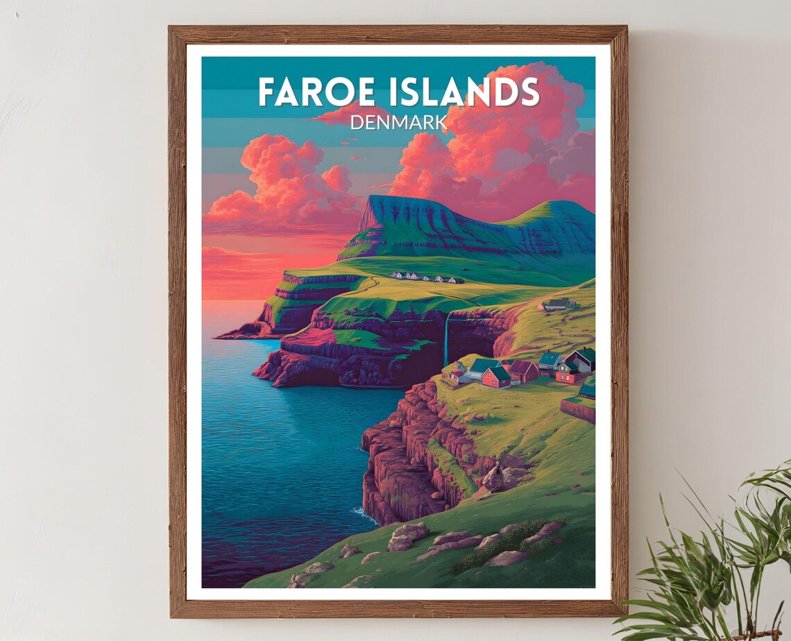 Faroe Islands Denmark Neon Cliffs Village Futuristic Travel Poster