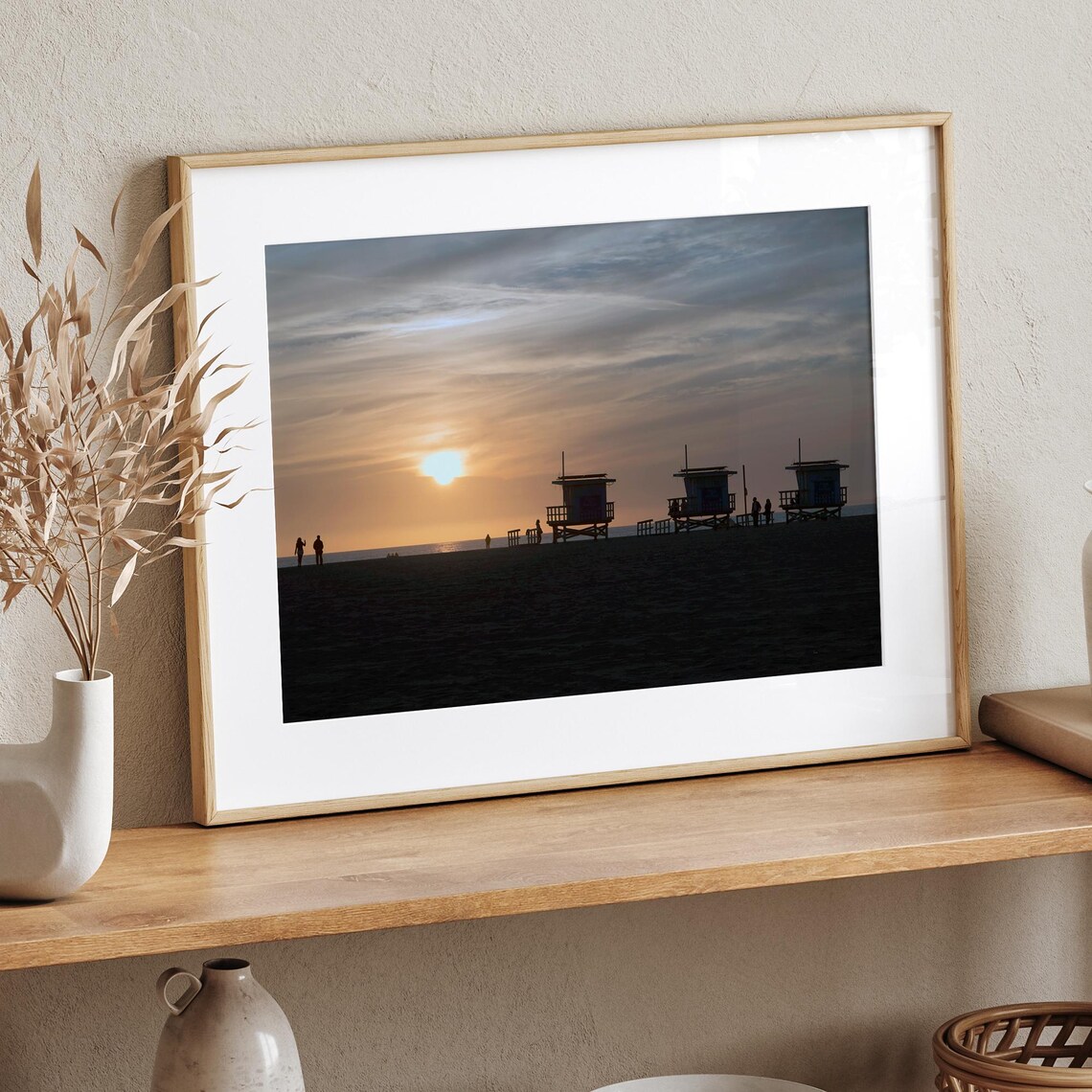 Venice Beach Lifeguard Towers Silhouette Orange Sunset Ocean Poster - Image 3