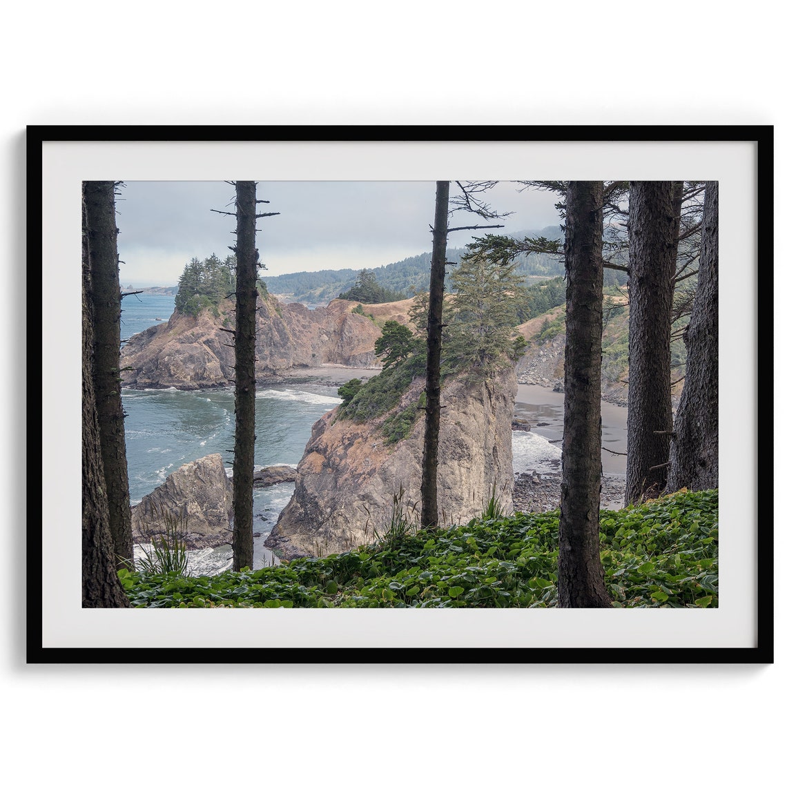 Oregon Coast Rocky Sea Stacks Framed By Pine Trees Ocean View Poster