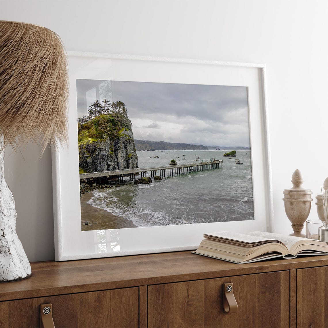 Pacific Northwest Coast Long Pier Sea Stacks Moody Gray Ocean Poster - Image 2