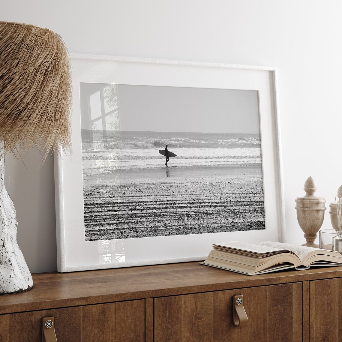 Lone Surfer Minimalist Black And White Beach Art Print - Image 4