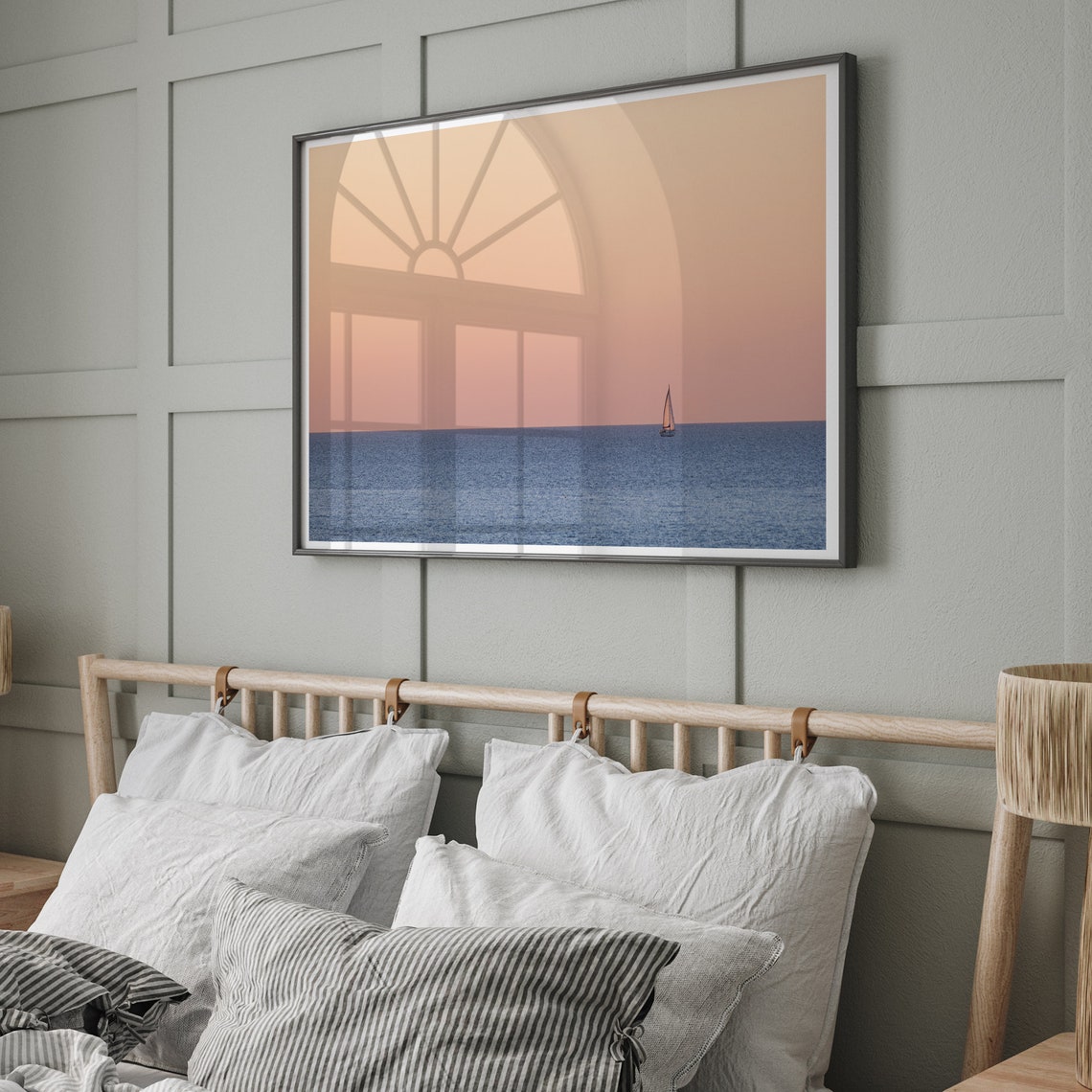 Minimalist Ocean Sunset Lone Sailboat Pink Sky Serene Seascape Poster - Image 3