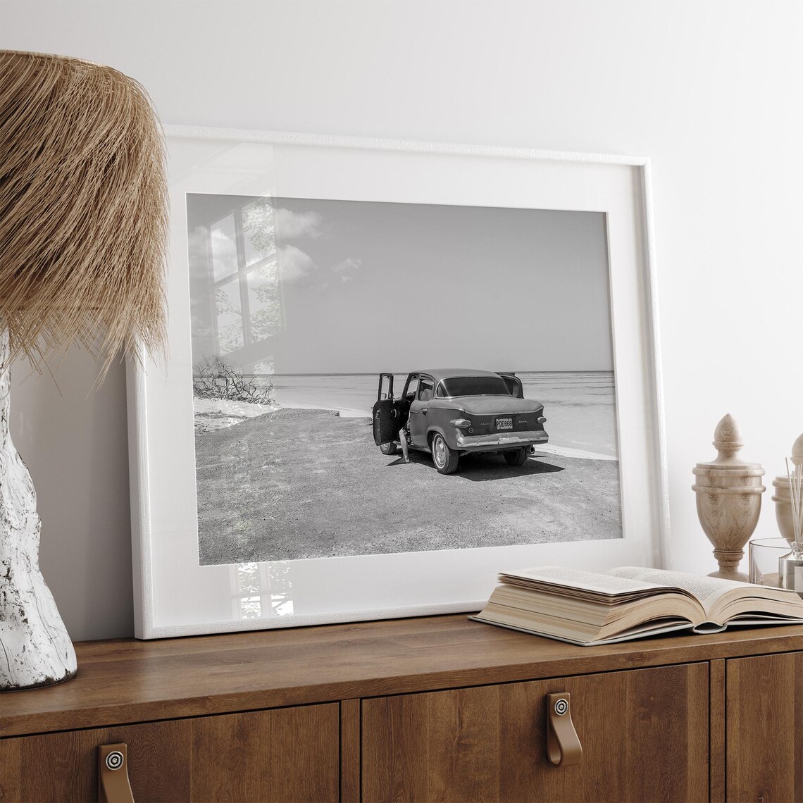 Black And White Vintage 1950s Classic Car Parked On Ocean Beach Poster - Image 3