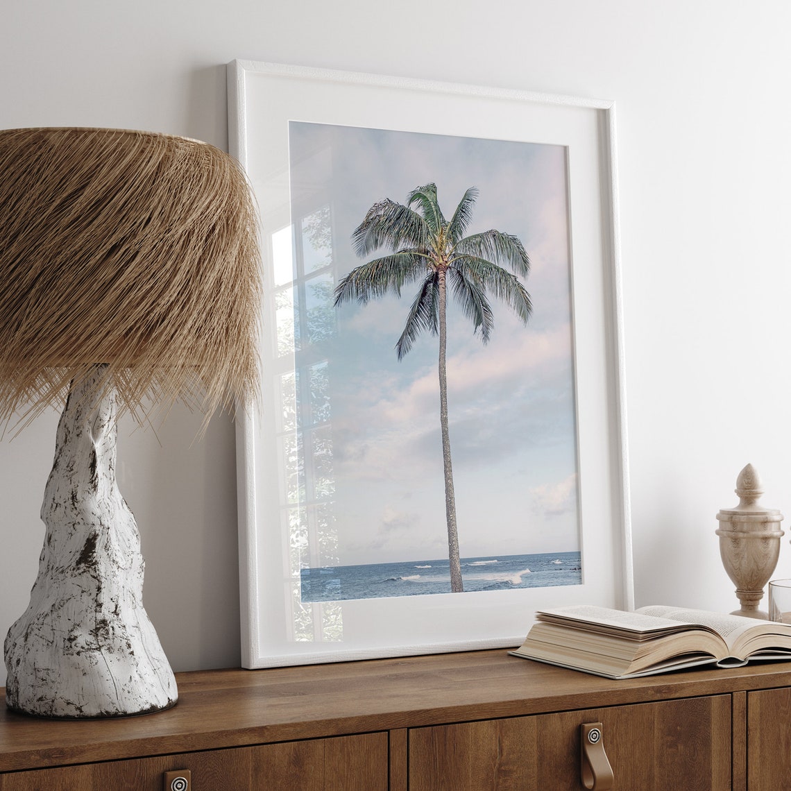 Palm Tree Over Ocean Surf Soft Pastel Sky Coastal Beach Travel Poster - Image 3
