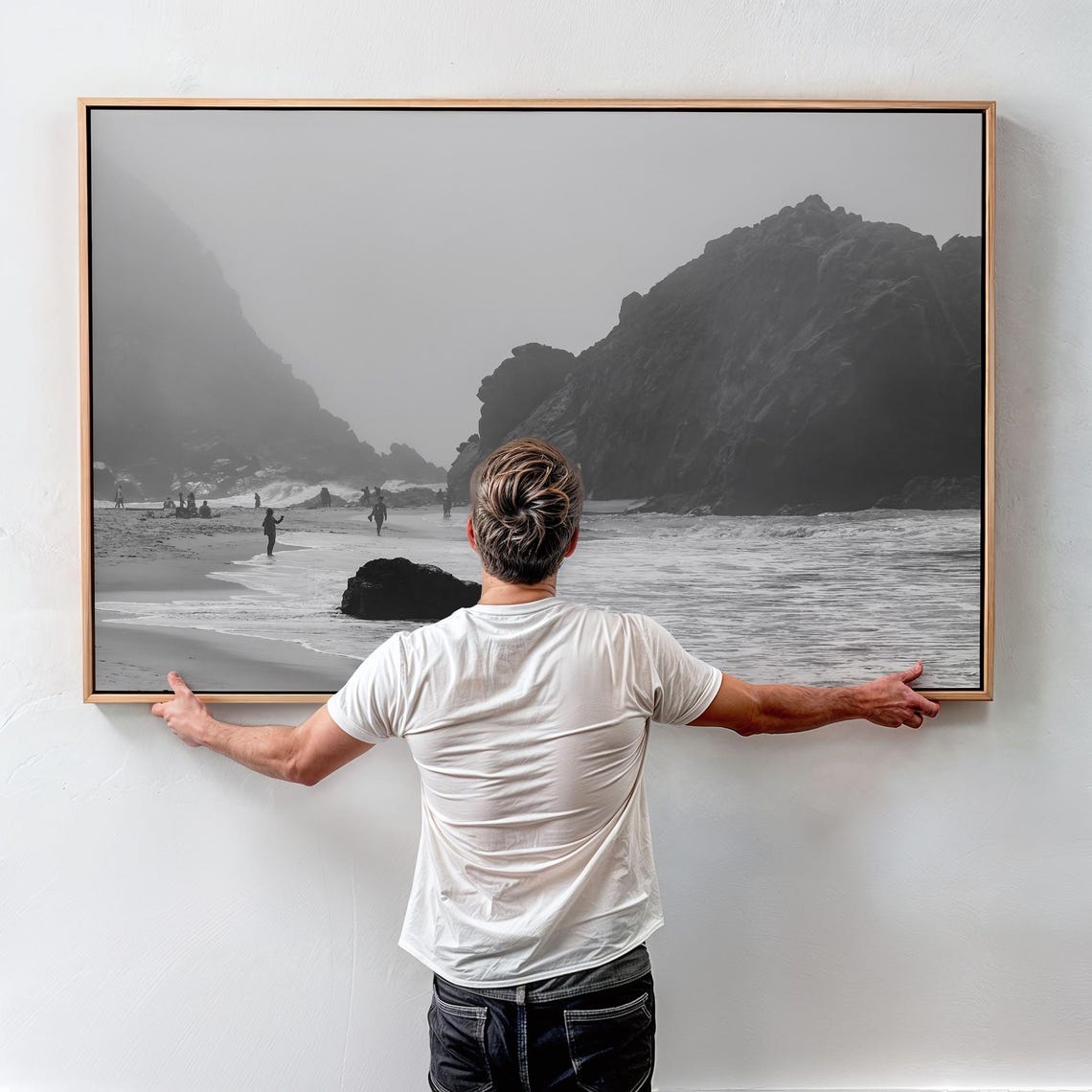 Black And White Beach People Walking Rocky Cliffs Foggy Coast Poster - Image 2