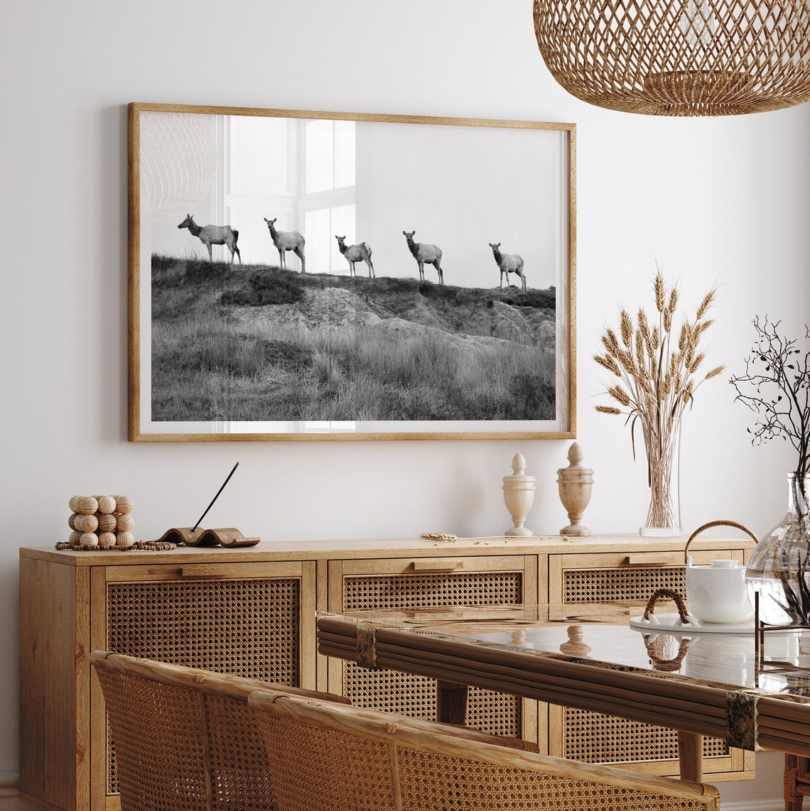 Elk Herd Foggy Meadow Minimalist Black And White Wildlife Poster - Image 3