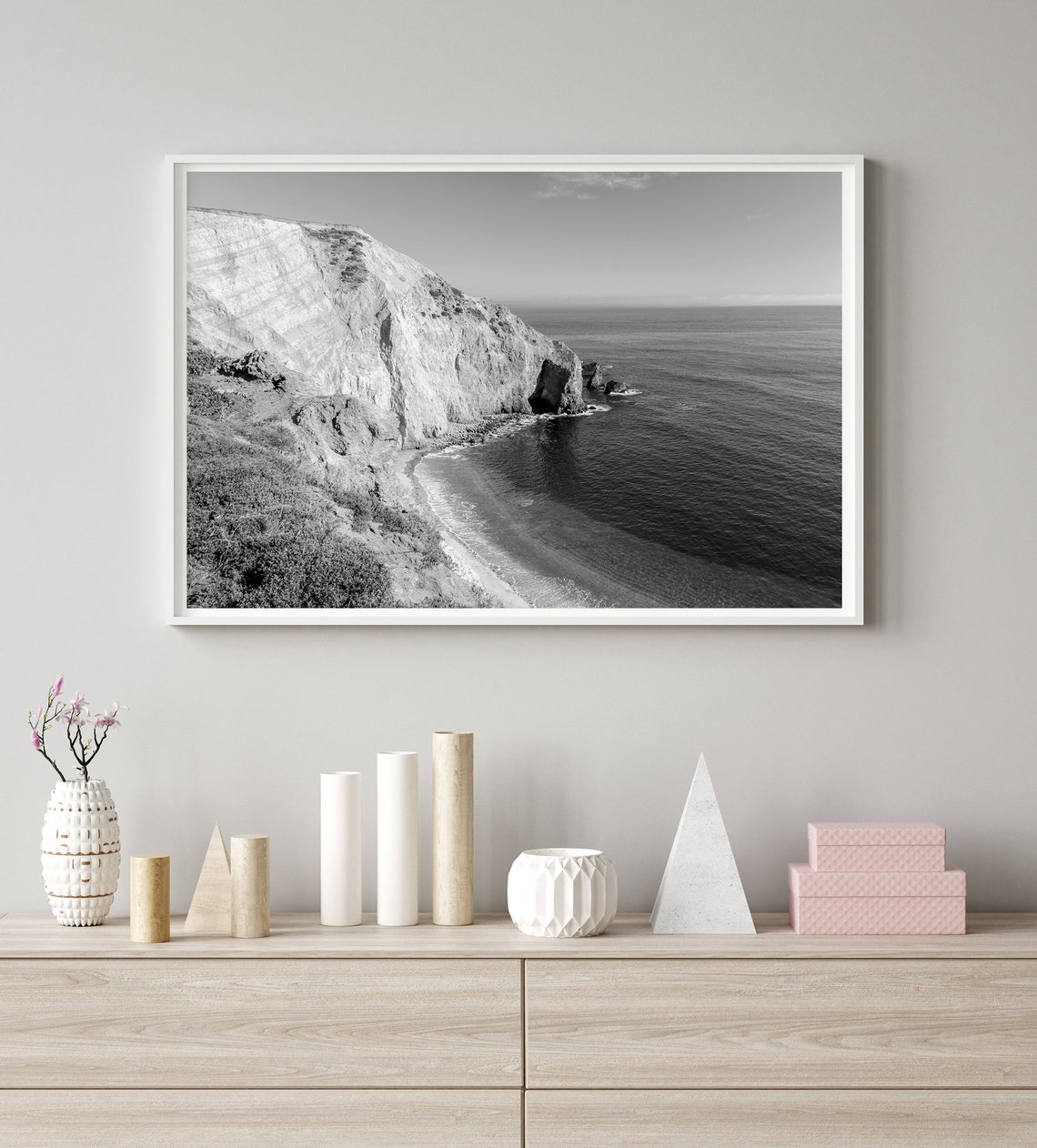 California Coast Cliffs Dramatic Beach Bluffs Black White Ocean Poster - Image 4
