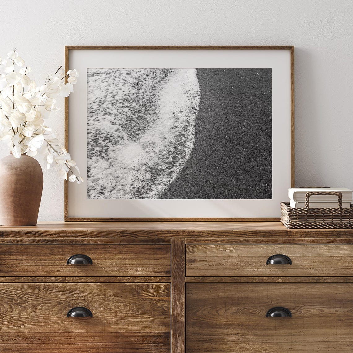 Black And White Ocean Wave Foam On Dark Sand Beach Minimalist Poster - Image 5