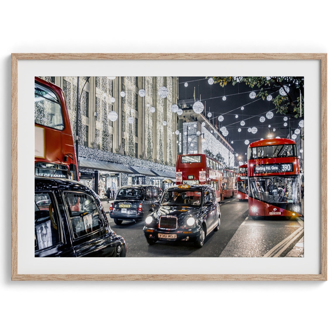 London Christmas Lights Night Red Double Decker Buses City Poster - Image 3