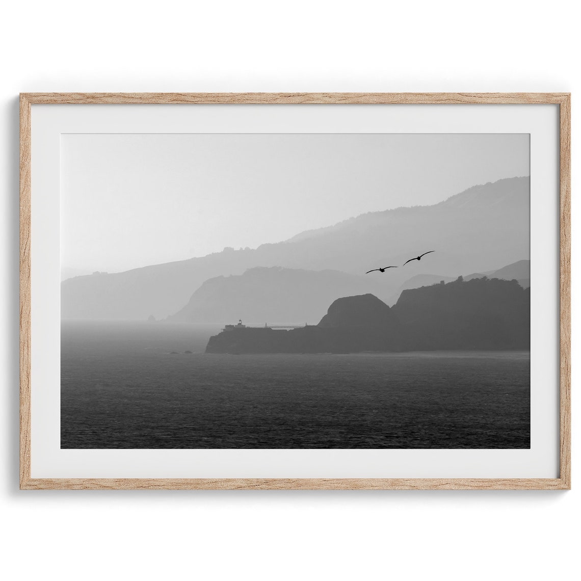 Black And White Seabirds Flying Over Misty Coastline Cliffs Poster