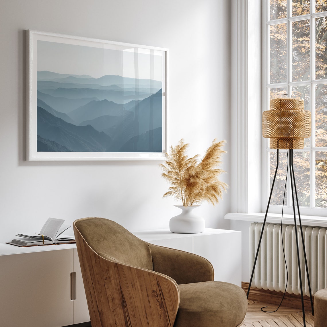 Blue Layered Mountain Ranges Hazy Minimalist Landscape Wall Art Poster - Image 4