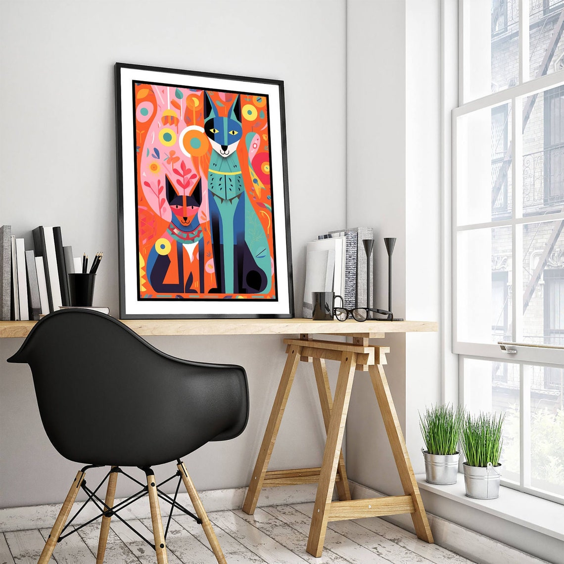 Two Colorful Folk Art Cats Floral Background Illustration Poster - Image 3