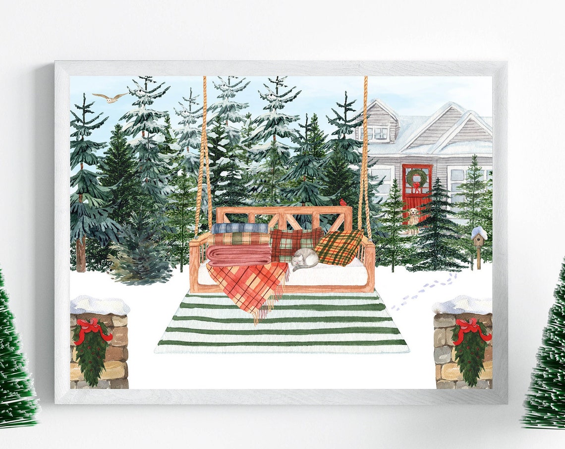 Snowy Porch Swing With Sleeping Cat Christmas Cabin Scene Wall Art