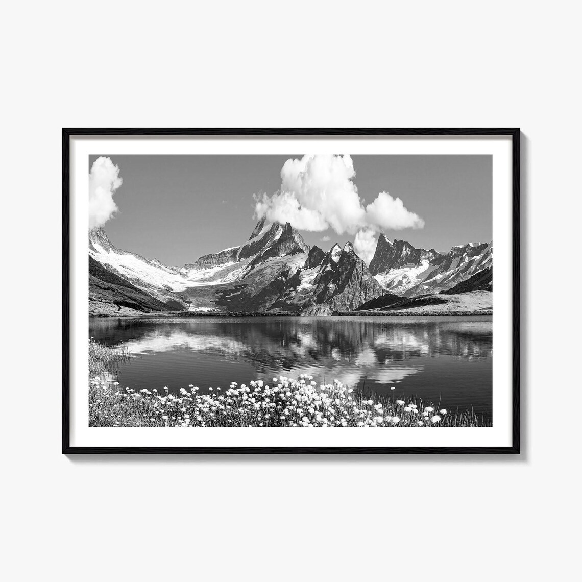 Swiss Alps Mountain Lake Wildflowers Black and White Photography Poster