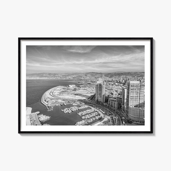 Beirut Lebanon Black White Aerial Marina Waterfront Photo Poster