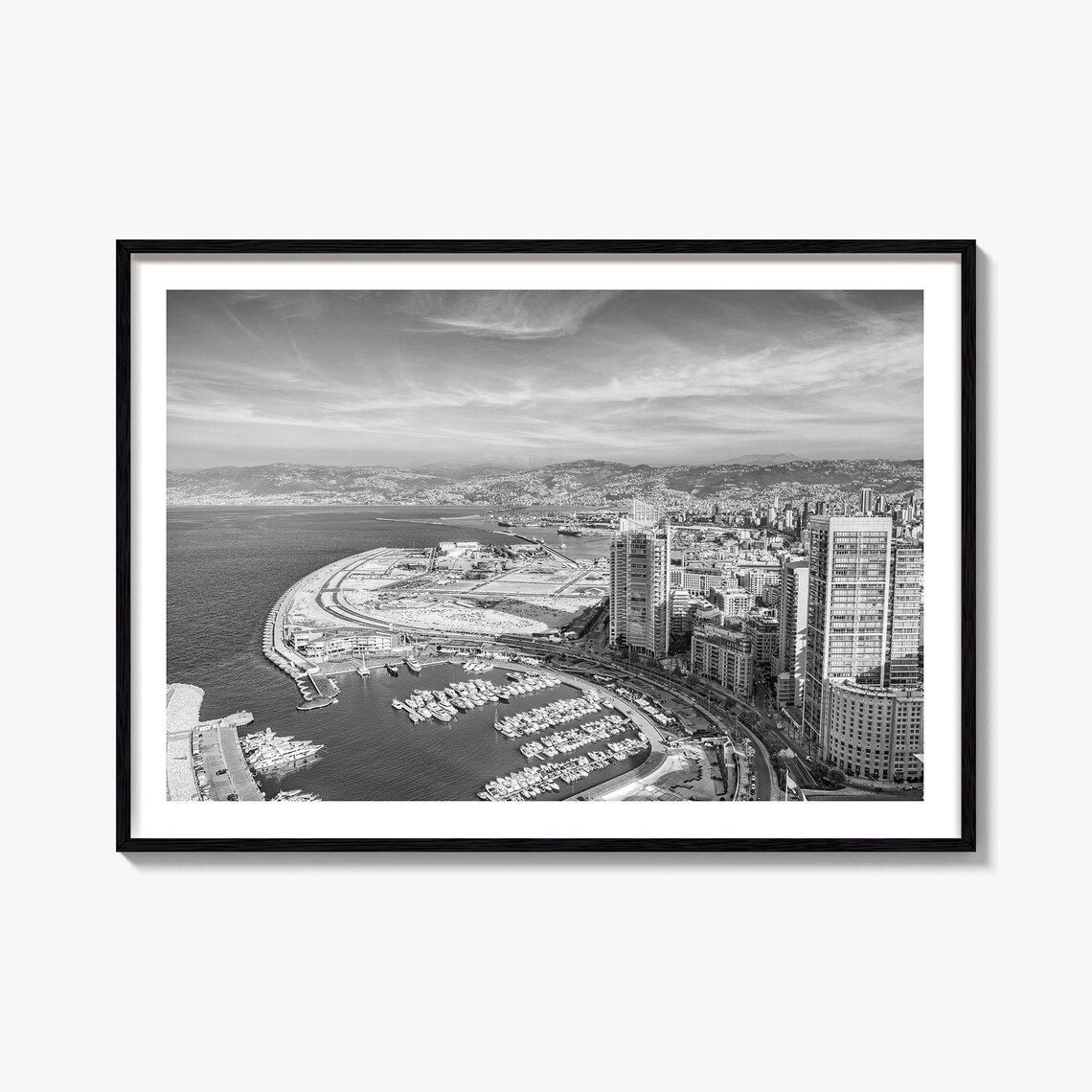 Beirut Lebanon Black White Aerial Marina Waterfront Photo Poster