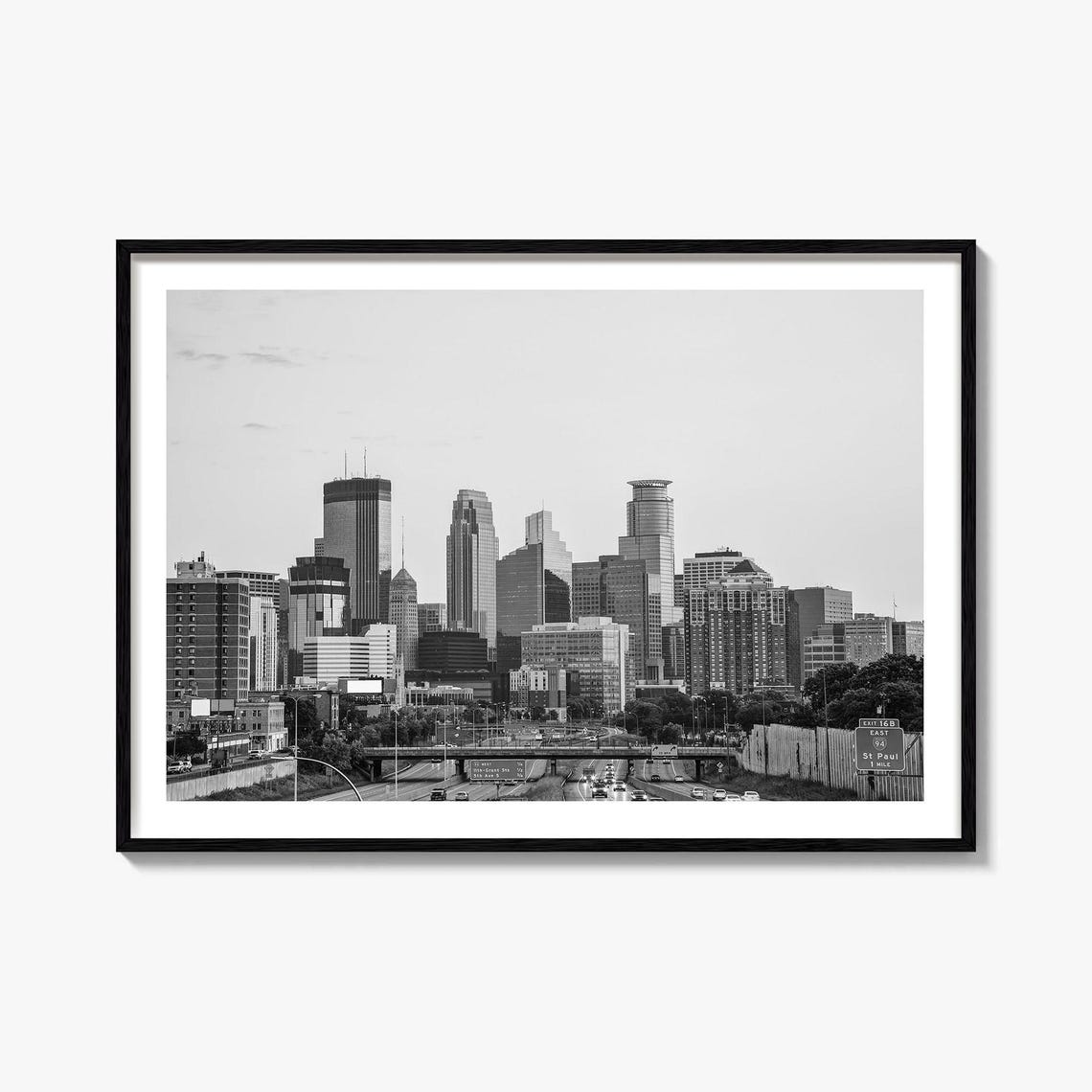 Minneapolis Minnesota Black White Downtown Skyline Highway Poster