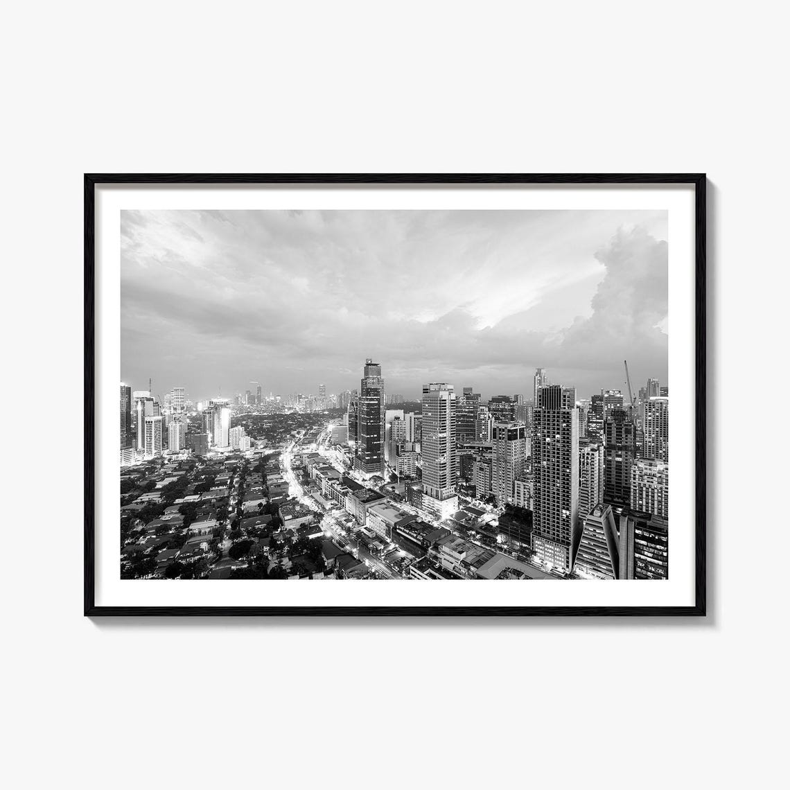 Philippines City Skyline Aerial Night Lights Black And White Poster