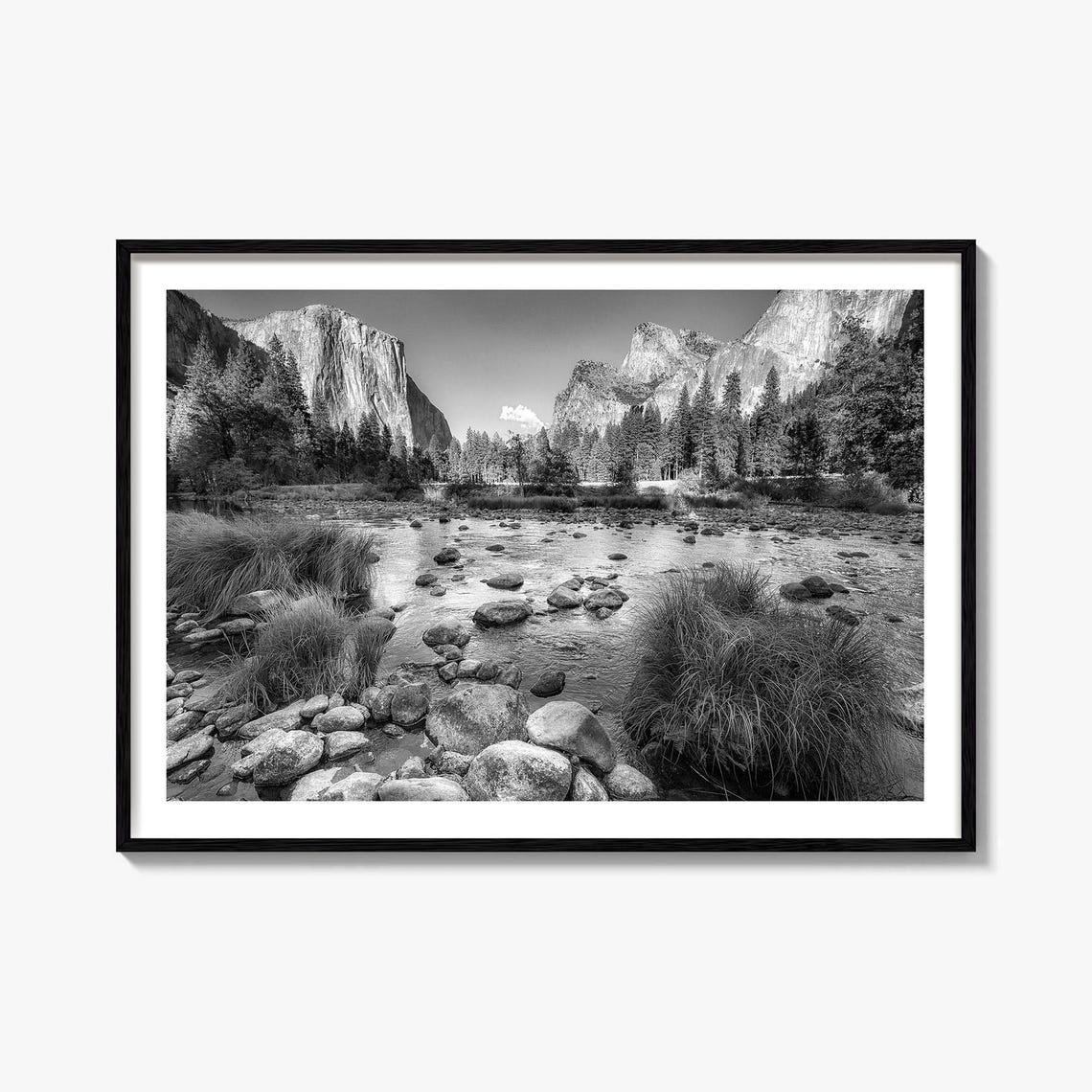 Yosemite Valley Black And White Granite Cliffs And River Poster