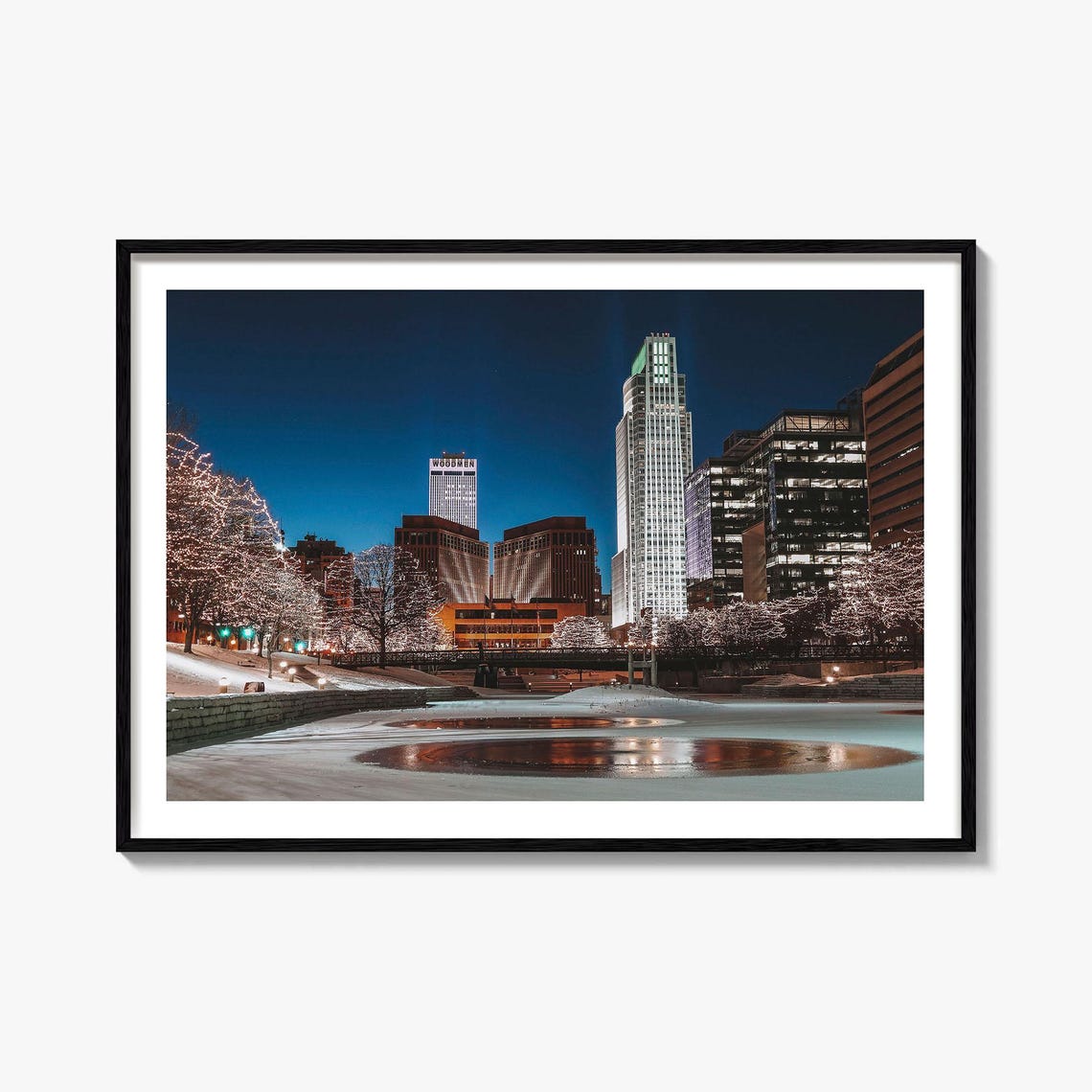 Omaha Nebraska Downtown Winter Night City Lights Photo Art Poster