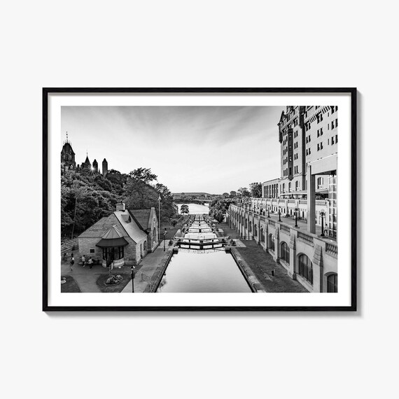 Ottawa Canada Rideau Canal Locks Parliament View Black and White Poster