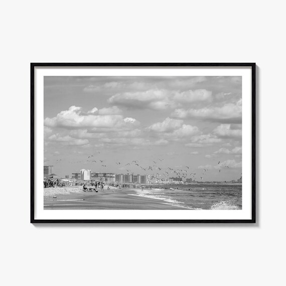 Rockaway Beach New York Summer Crowd Seagulls Ocean Black White Poster