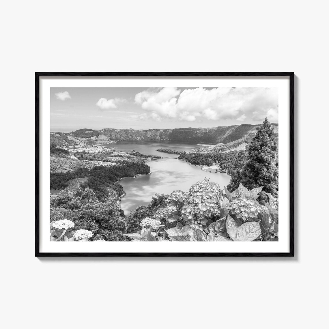 Azores Crater Lake Black White Landscape Travel Photo Poster
