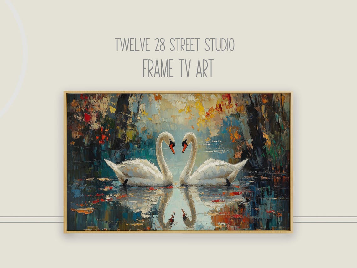 Two White Swans Heart Necks Impressionist Lake Romantic Art Poster
