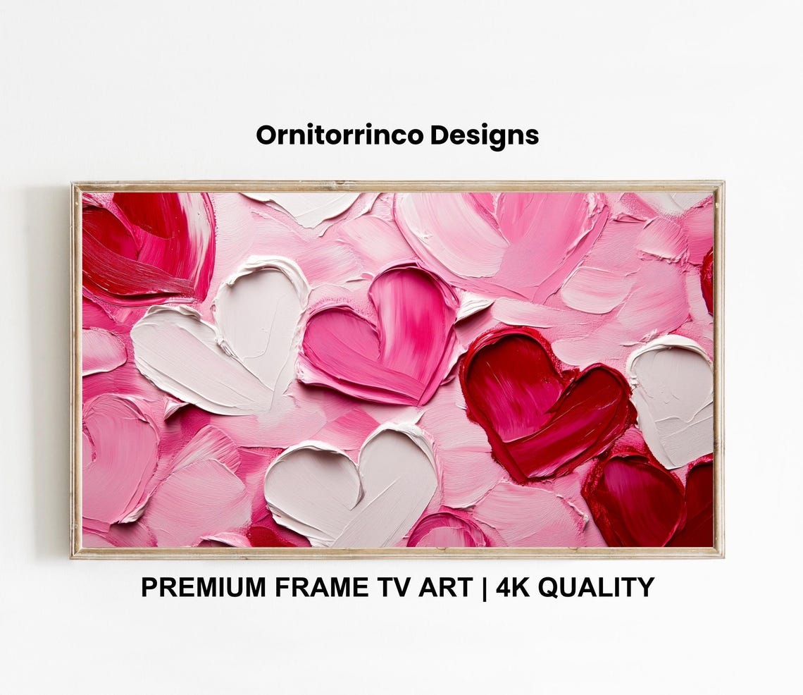 Pink Red Hearts Textured Oil Painting Romantic Valentine Wall Art - Image 3