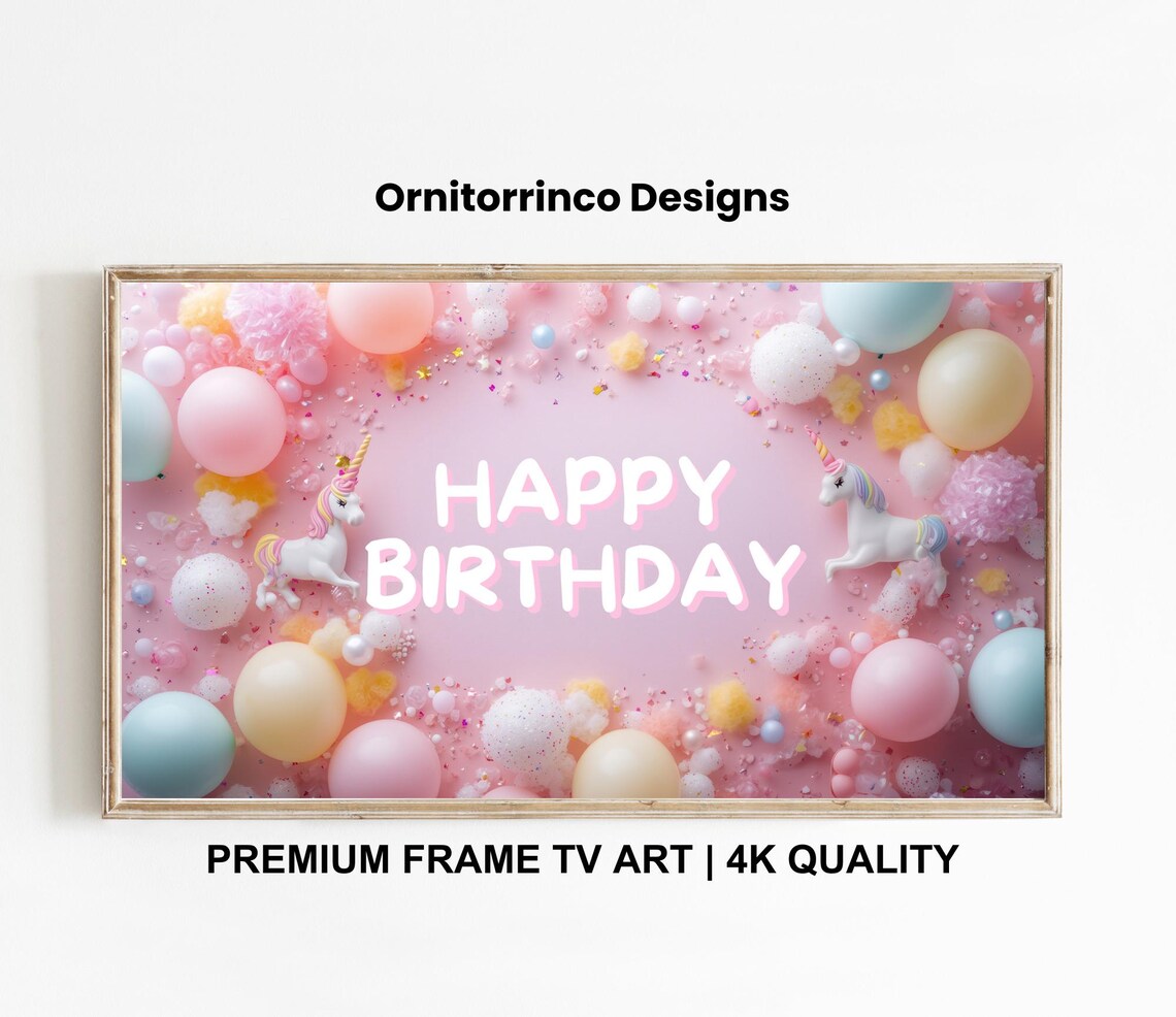 Happy Birthday Unicorn Pink Party Balloon Kids Celebration Wall Art