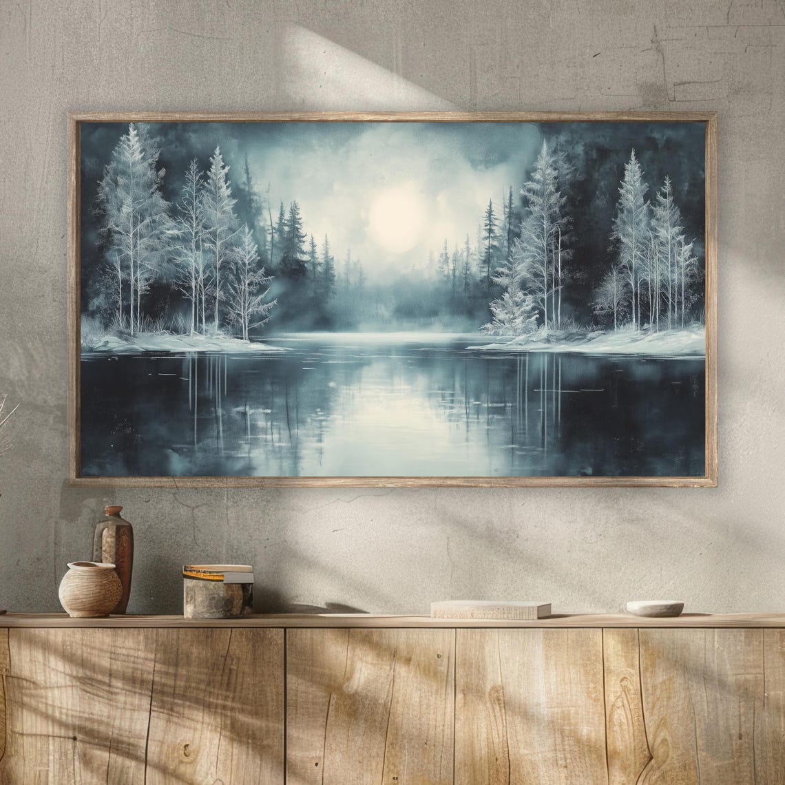 Winter Moonlit Lake Snowy Birch Forest Misty Reflection Travel Poster - Image 2