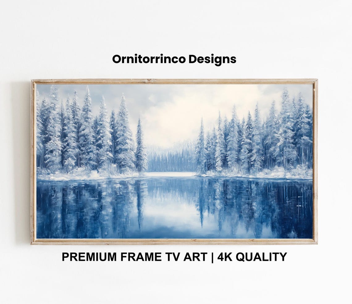 Winter Pine Forest Snowy Lake Mirror Reflection Blue Travel Poster - Image 3