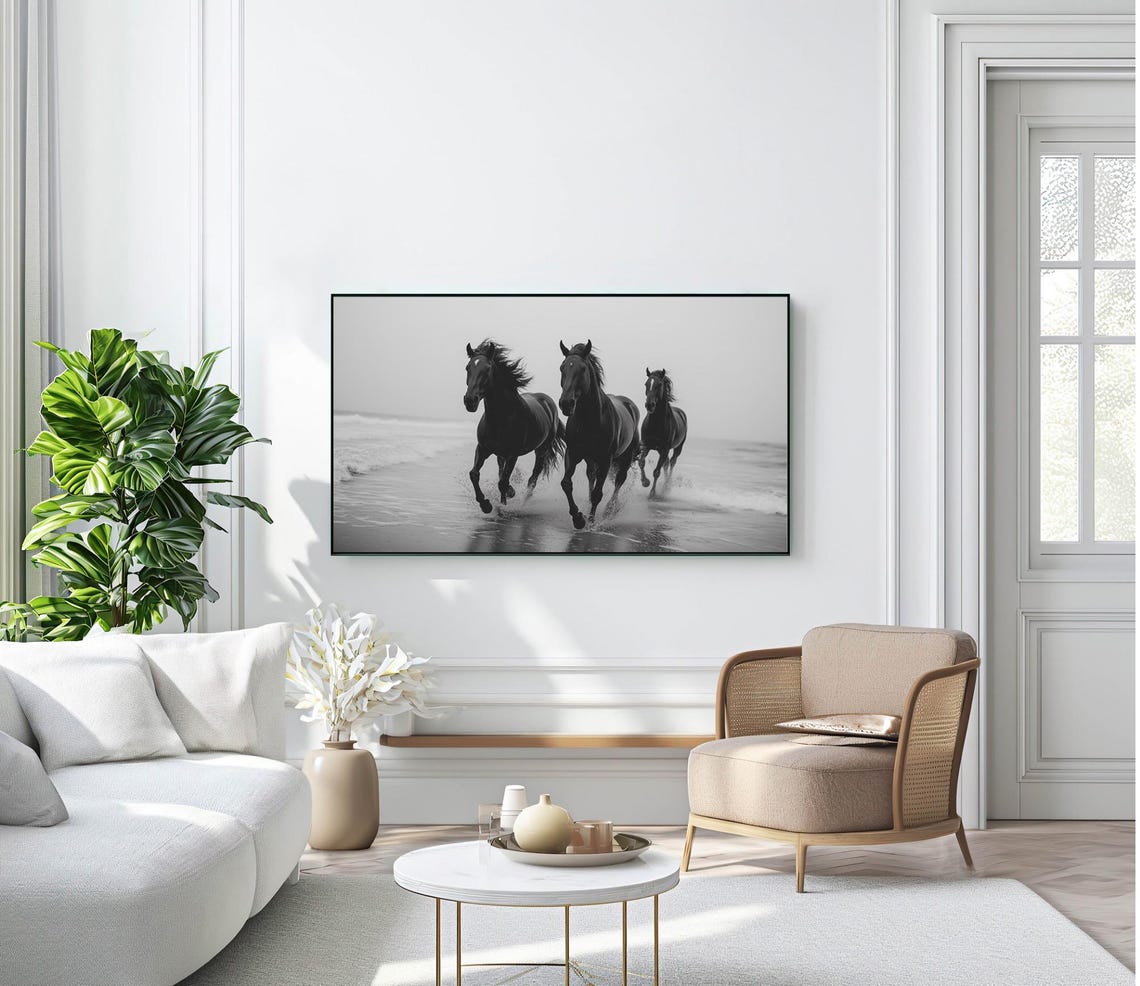 Black Horses Galloping Beach Black White Western Wall Art Print Poster - Image 2