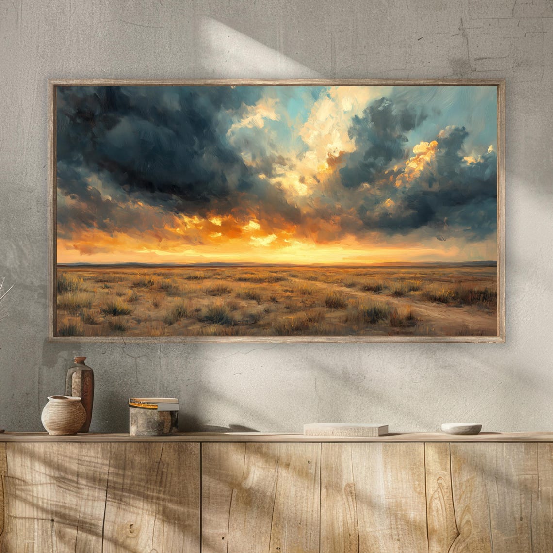 Desert Sunset Storm Clouds Golden Plains Dramatic Landscape Wall Art - Image 2