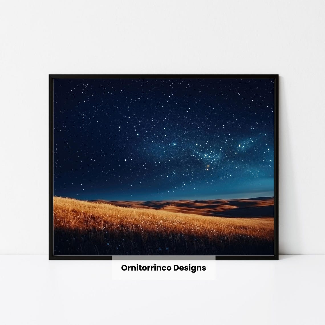 Starry Night Sky Golden Desert Dunes Dramatic Landscape Wall Art Print