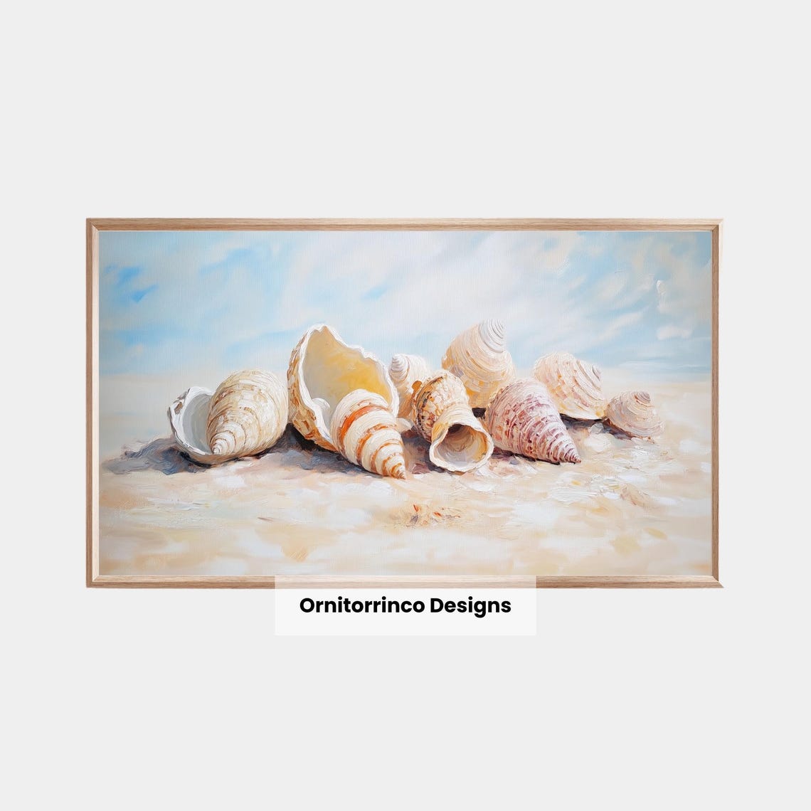 Seashells Sandy Beach Pile Soft Blue Sky Coastal Still Life Poster