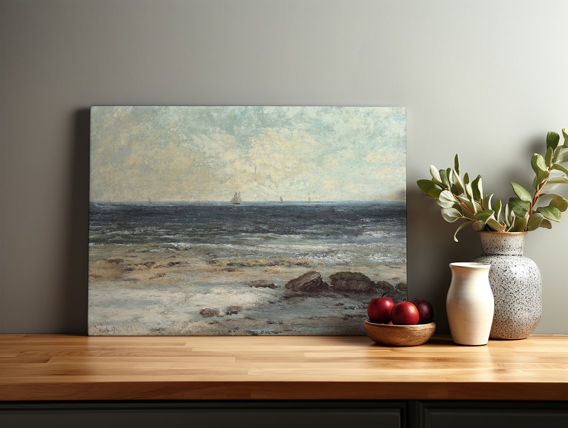 Vintage Ocean Seascape Rocky Shore with Sailboats Coastal Wall Art - Image 4