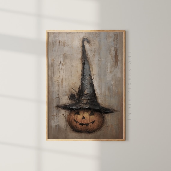 Jack O Lantern Witch Hat Cute Halloween Pumpkin Folk Art Poster