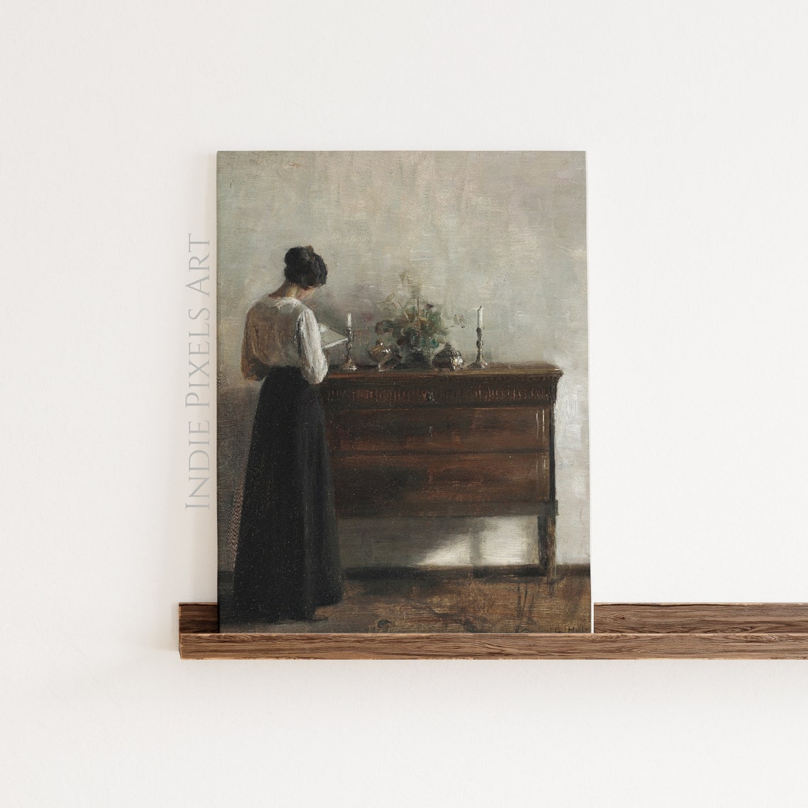Vintage Woman Reading at Dresser Quiet Interior Painting Wall Art - Image 4