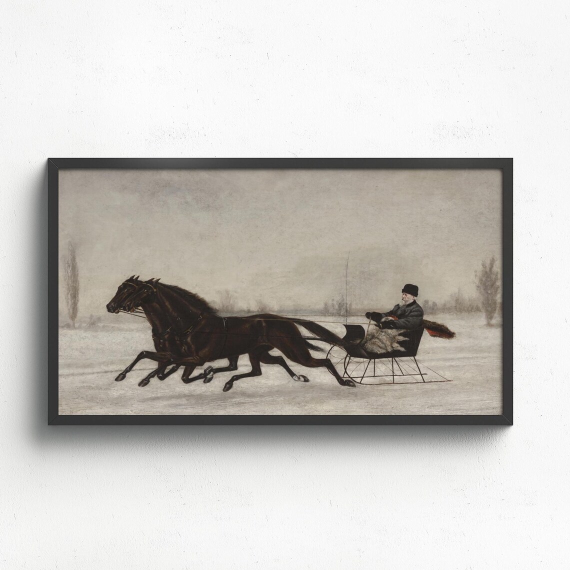 Vintage Horse Drawn Sleigh Ride Snowy Winter Landscape Oil Painting Print - Image 2