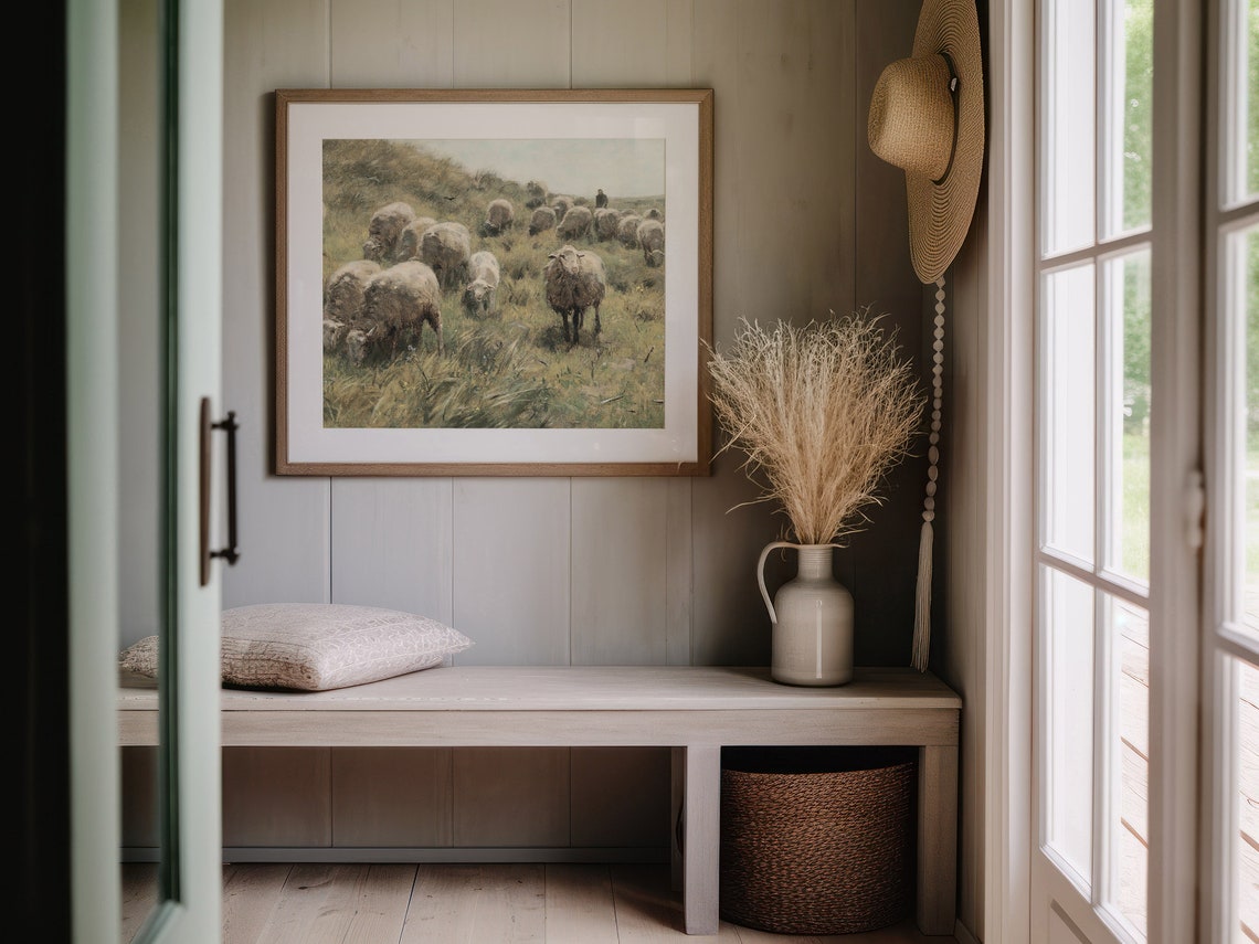 Vintage Sheep Flock on Hillside Pasture with Shepherd Painting Print - Image 3