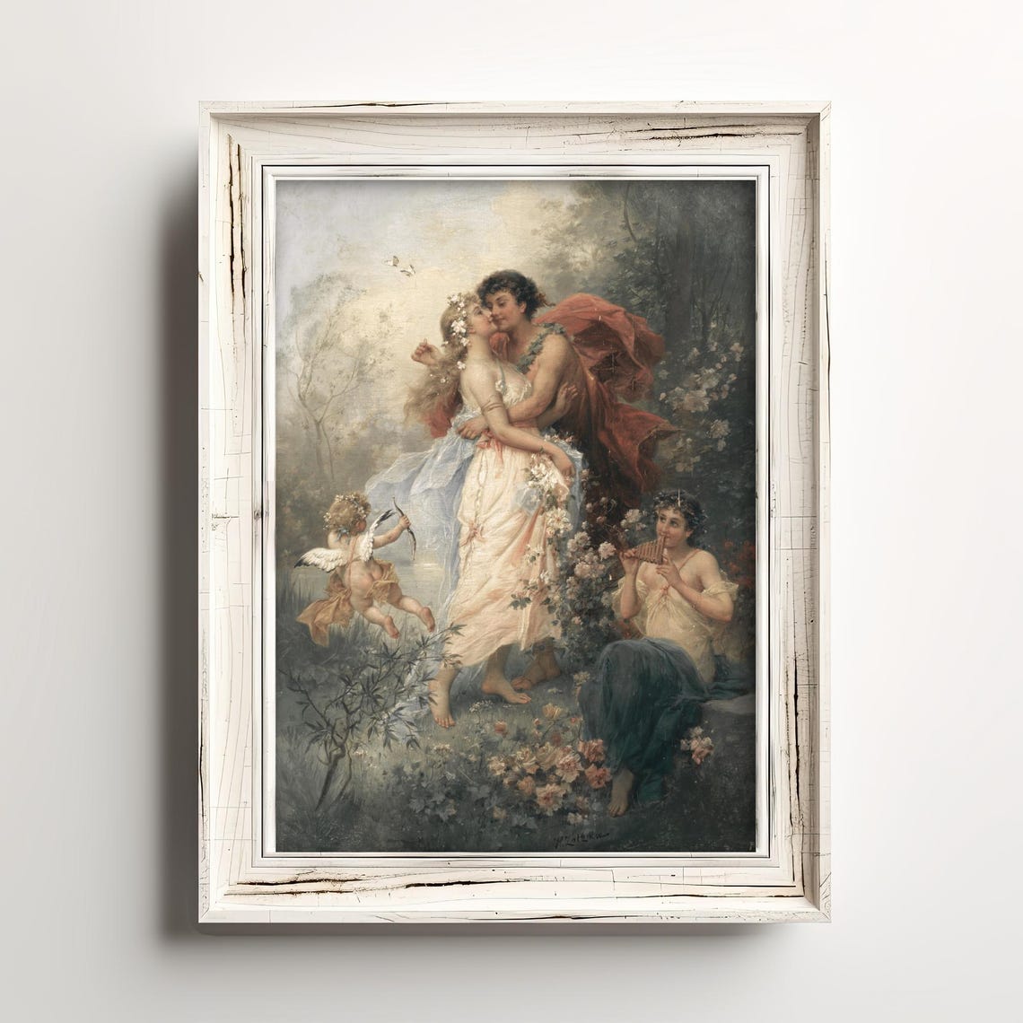 Vintage Romantic Lovers in Garden Cupid Classical Painting Art Print - Image 3