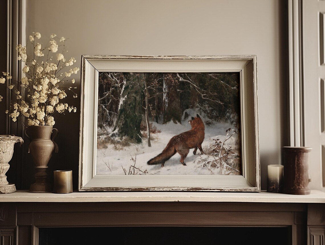 Vintage Red Fox Snowy Winter Forest Oil Painting Wildlife Art Print - Image 3