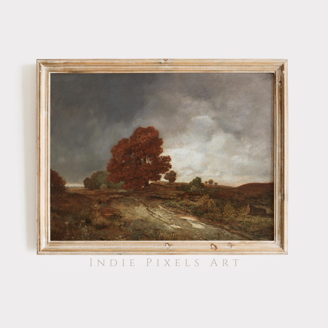 Rust Red Tree Under Stormy Sky Vintage Autumn Landscape Painting
