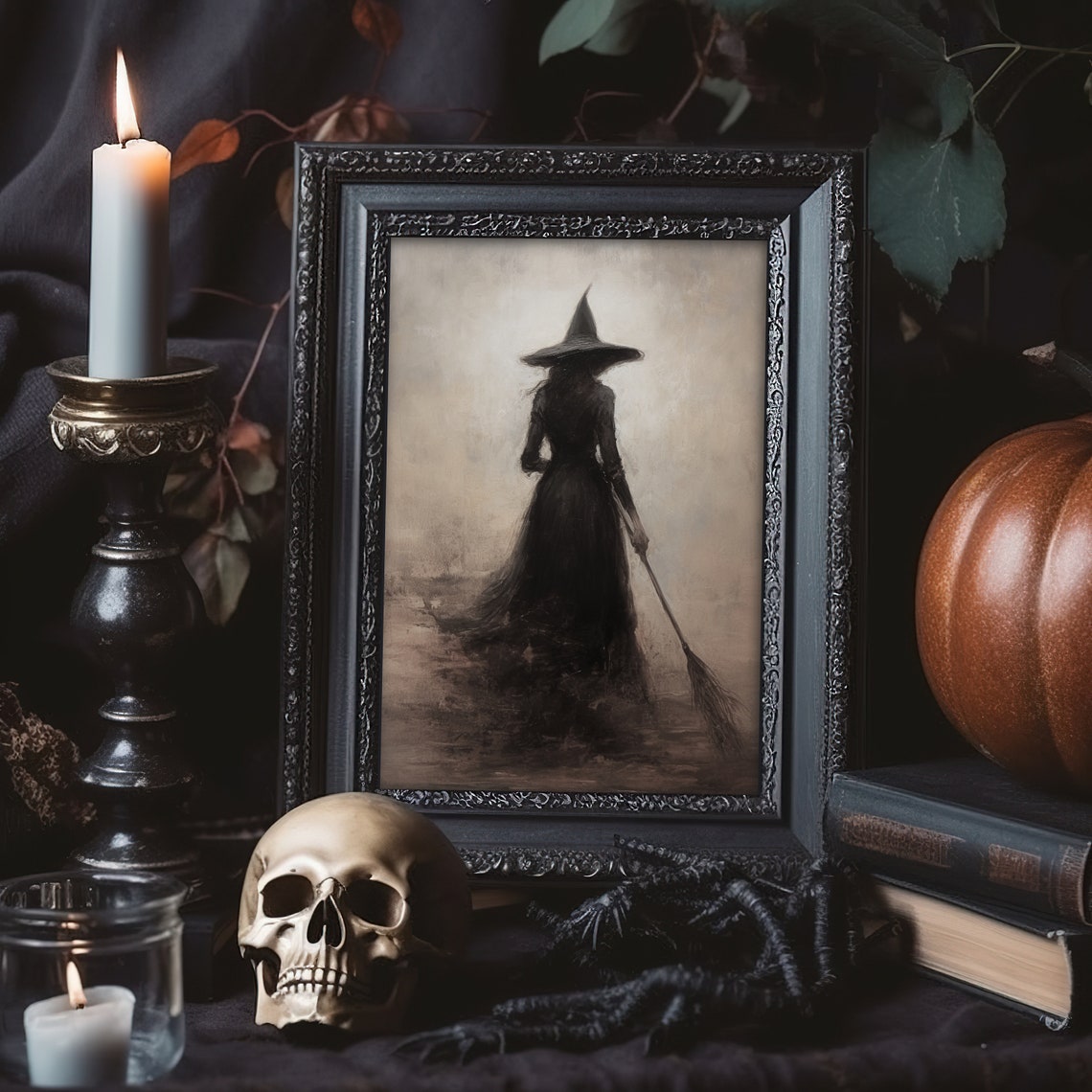 Witch Silhouette Broom Foggy Night Gothic Halloween Moody Art Poster - Image 4