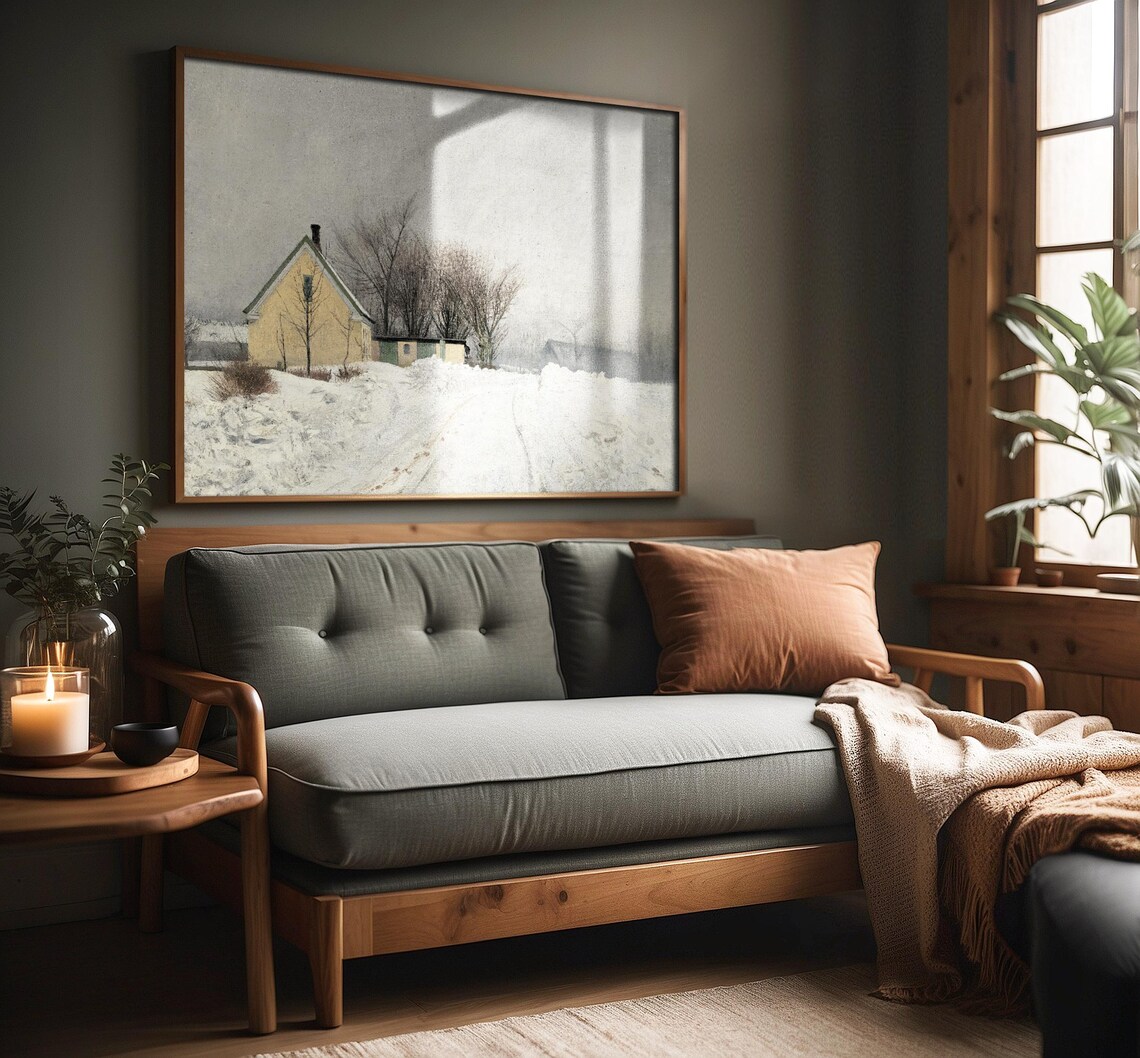 Winter Wall Art Vintage Snowy Homestead Painting Winter Landscape Art Moody Cottage Decor Modern Farmhouse Art - Image 4